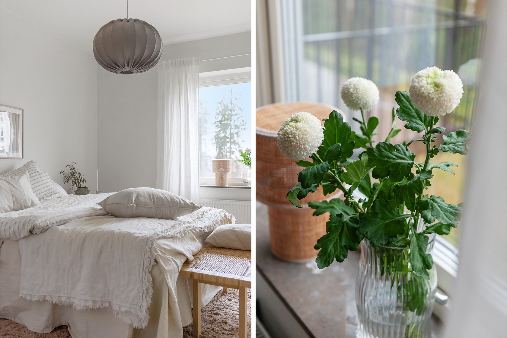 Ljust sovrum med lampa och blomma i fönster